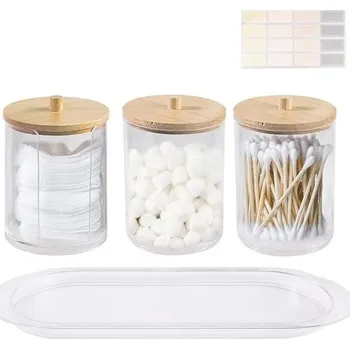 Úložný box PEAKTOP držák na odličovací polštářky, držák na vatové tyčinky s bambusovým víčkem, průhledný,