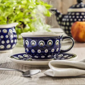 Keramický šálek na kávu a čaj s podšálkem Bolesławiec 220 ml - dek. 487