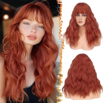 Paruka BARSDAR Středně dlouhá kaštanová paruka s ofinou, 18" vlnitá kaštanová paruka s ofinou pro ženy,