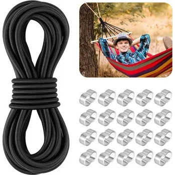 Příze Elastická šňůra, 8 mm x 10 m, černá, s 20 hliníkovými krimpovacími oky M9, na plachty, kutilské