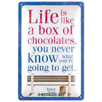Zahradní dekorace Plechová cedule s nostalgickým retro motivem, 20 x 30 cm, Forrest Gump – Čokoláda – Nápad na dárek