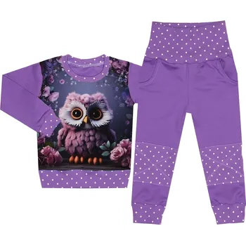 Tepláková souprava - Puntík fialová - sovička (bez kapuce) Velikost: 80