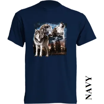 Pánské tričko levne-bavlnene-tricko-potisk-vlci-les-Mesic Barva: Navy - tmavě modrá, velikost: L