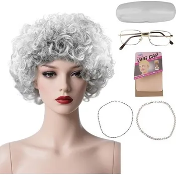 Fsahiuf 6dílná sada paruk s motivem babičky, dámská cosplay paruka, kudrnaté vlasy, paruka, brýle,
