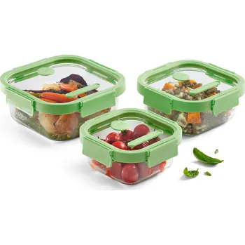 Dóza na potraviny Sada dóz Lékué Sada skleněných obdélníkových dóz na potraviny Square Glass Set, zelená