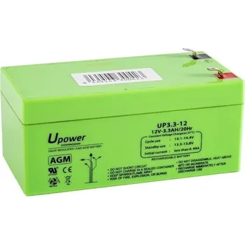 U-Power - Hermetická olověná baterie AGM 3,3 Ah 12V - Baterie Faston F1 4,8 mm malá 12V 3,3Ah