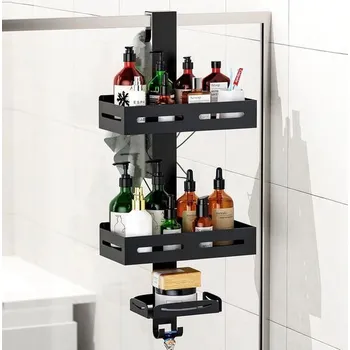 Koupelnový nábytek Závěsná sprchová police Uamector - Černá sprchová police - Nerezová koupelnová police s držákem na