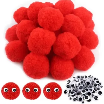 TOAOB 50 velkých 5cm červených bambulek na tvoření, nadýchané plyšové kuličky se samolepicími očky