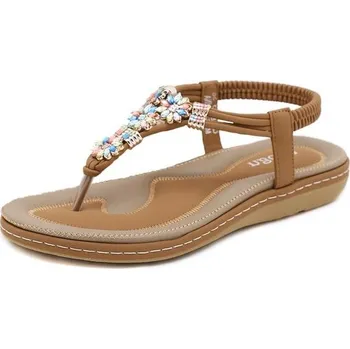 Dívčí zimní obuv Dámské letní žabky, bohémské, s plochou špičkou a kamínky, velikost 41 EU, béžová 197