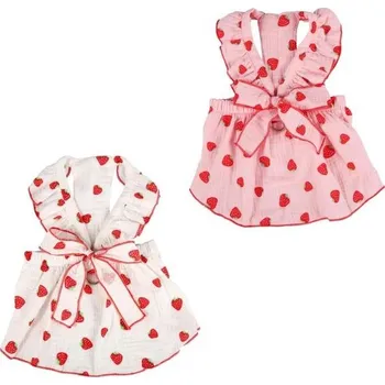 Obleček pro psa Mikovivi 2dílné šaty pro psy, jahodový potisk s mašlí, dívčí oblečení pro kočky, letní šaty pro