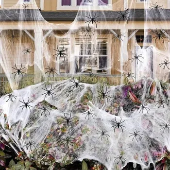 Zahradní dekorace Halloweenská dekorace, 60g pavučina a 30 plastových pavouků, roztažitelná pavučina pro