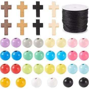 Korálek Přívěsky FASHEWELRY ve tvaru kříže, 12mm kulaté dřevěné korálky, barevné dřevěné podložky, korálky