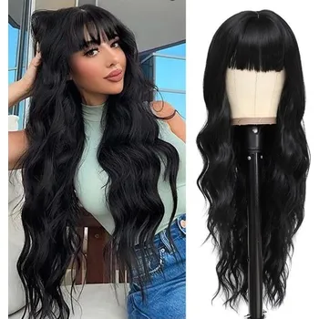Paruka BARSDAR 26 palcová přírodní černá dlouhá vlnitá paruka s ofinou Cosplay paruky pro ženy a dívky