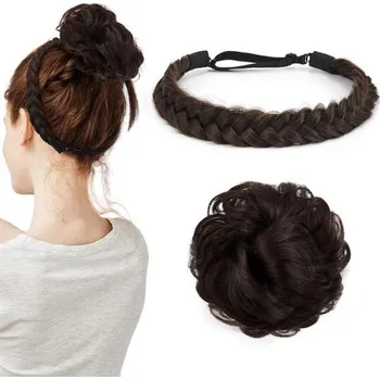 Chunyin 1ks syntetická pletená čelenka s 1ks umělý drdol, kroužek do vlasů s velkým rozcuchaným