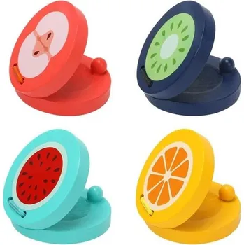 Perkuse 4dílné dětské kastaněty, hudební nástroje - barevný ovocný vzor, dřevěná bicí hračka pro ranou