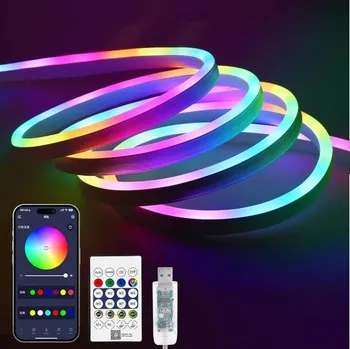 Stojací lampa 5m RGB IC Neonový LED pásek, Voděodolný USB LED pásek s aplikací, Dynamické barvy, Synchronizace