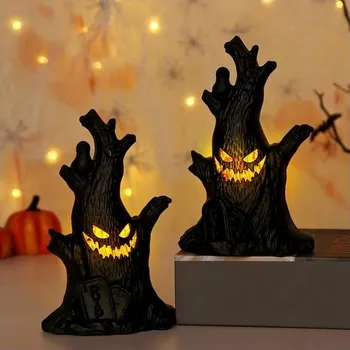 Zahradní dekorace Halloweenské dekorace duchů z pařezu s LED světly, 2 kusy, svítící halloweenské figurky duchů z