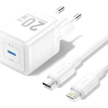 Mobilní telefon Nabíječka do sítě Vention 1-Port USB-C GaN Charger (20W) with USB-C to Lightning Cable (1M) EU-Plug White
