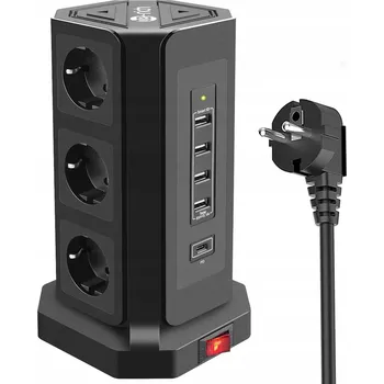 Napájecí kabel PRODLUŽOVACÍ KABEL S 9 ZÁSUVKAMI A 5 USB PORTY PRO RYCHLÉ NABÍJENÍ, ČERNÝ