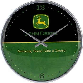 Zahradní dekorace Nostalgické retro nástěnné hodiny, Ø 31 cm, John Deere – logo černé a zelené – tip na dárek pro
