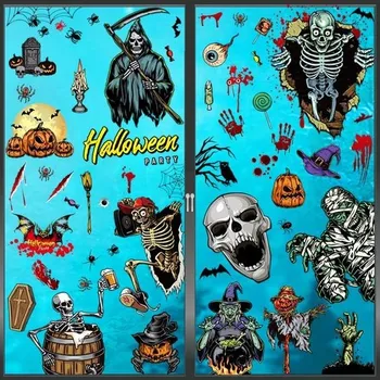 Tapeta Multper 9 listů halloweenských samolepek na okna a 5 náhodných tetování, 63 ks dekorativních
