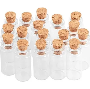 Jídlonosič Jarvials 100 ks 1,4ml průhledné skleněné lahvičky s korkem, otevírání 12 mm, 7 různých velikostí