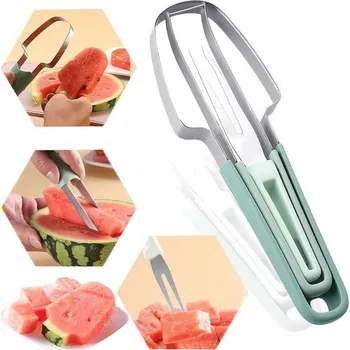 Kráječ na chleba Multifunkční kráječ ovoce 3 v 1 z nerezové oceli | Profesionální kráječ melounů + vidlička na ovoce