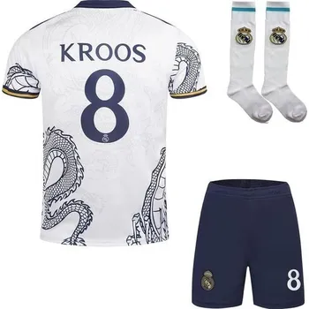 Chňapka Dětský dres PraiseLight R. Madrid Toni Kroos #8, speciální bílá edice, kraťasy, ponožky, dětské