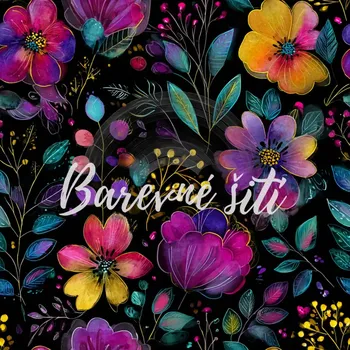 Úplet, Žlutofialové květy, listy na černé (E) (Top kvalitní úplet Bella digitisk)