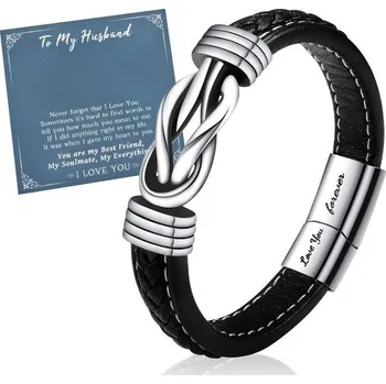 Náramek Pánský pletený kožený náramek VU100, dárek z nerezové oceli pro tátu, inspirativní uzel s motivem