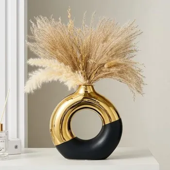 Váza Keramická váza ve tvaru koblihy, 20,5D x 20,5V cm, bílo-zlatá kulatá váza pro pampasovou trávu,