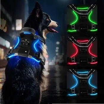 Postroj pro psa Postroj pro psy MASBRILL, svítící, dobíjecí, LED nastavitelný reflexní s rukojetí, měkký