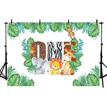 MEHOFOTO 1. narozeninové foto pozadí safari džungle safari zvířata zelené listy všechno nejlepší k