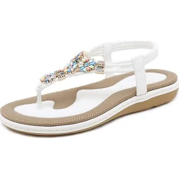 Dívčí zimní obuv Dámské letní žabky, bohémské, s plochou špičkou a kamínky, 39 EU, bílé 197