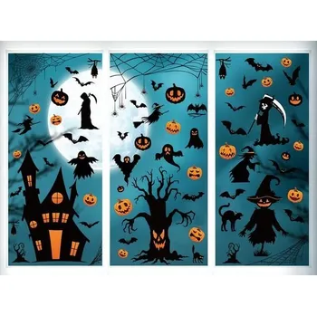 Party dekorace Halloweenské samolepky na okno, samolepicí, dekorace na okno: halloweenské netopýři, dýně,