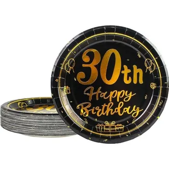 Party dekorace AHPYEUHK 50 ks jednorázových talířů k 30. narozeninám, dekorace 7 palců, černo-zlatý papírový