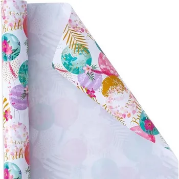 Balicí papír Holijolly k narozeninám - květinový vzor s balónky pro dívku, ženu, ženský vzhled -