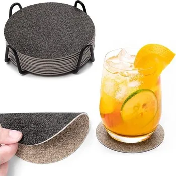 prostírání Chitomars Sada 12 tácků pod sklenice, oboustranné kožené kulaté tácky, protiskluzové skleněné