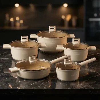 Sada nádobí Sada 4 žulových hrnců s poklicemi a pánví STARKE PRO STARLET BEIGE 10 ks