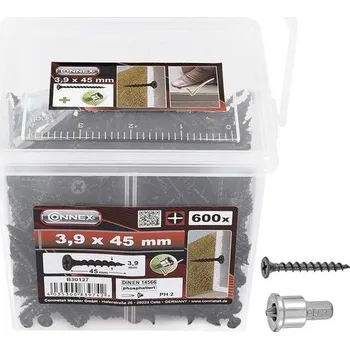 Šrouby do sádrokartonu Connex 3,9 x 45 mm - 600 kusů - Hrubý závit - Trubková hlava - Křížový