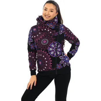 Dámská mikina Himalife Hřejivá mikina na zip s maxi límcem Sari - černá s růžovou a fialovou Velikost: 4XL - Móda pro plnoštíhlé, Oblečení nadměrné velikosti