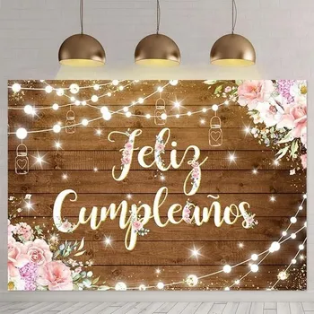 APROPHIC Feliz Cumpleaños pozadí, růžové květiny a dřevěné fotografické pozadí, narozeninový