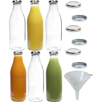 Výrobník sody Mikken 6x Skleněná lahev na mléko 1 litr s 12x šroubovacími uzávěry bez PVC vč. trychtýřového