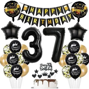 Party dekorace Černo-zlaté dekorace k 37. narozeninám, zlaté balónky (37), balónky (37 pro muže a ženy), dekorace