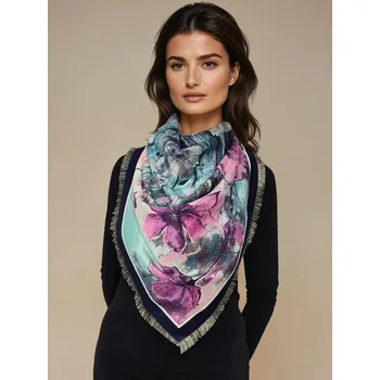 Šála Italy Classic Scarf Elegantní oboustranná šála fialové a růžové KVĚTY na tyrkysové