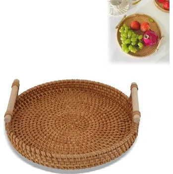 Kulatý tkaný košový podnos, ratanový servírovací podnos s uchy Ratanový podnos na ovoce s masivními