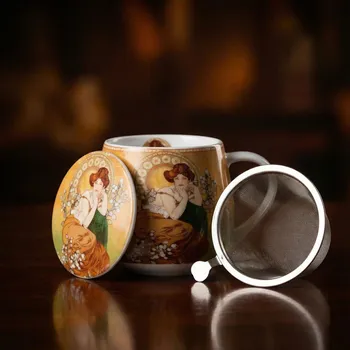 Porcelánový hrníček s infuzérem a víčkem DUO ART GALLERY TOPAZ BY A. MUCHA 430 ml