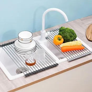 Organizace kuchyně Laphontab Nerezový odkapávač na nádobí nad dřez, skládací kuchyňský organizér na utěrku, ovoce a