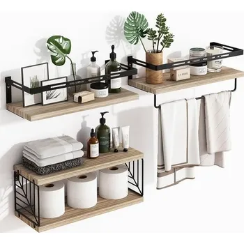 Koupelnový nábytek Sada 3 + 1 nástěnných polic BAKAJI z masivního dřeva, víceúčelové nástěnné police, kovové konzole a