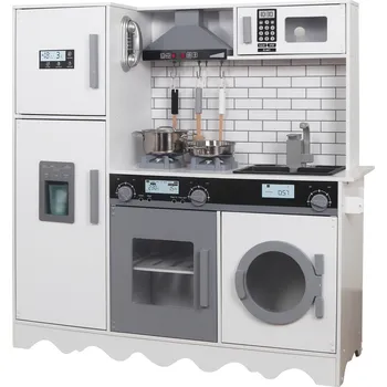 Dětská kuchyňka Derrson W5281 dřevěná interaktivní kuchyňka s pračkou a ledničkou XXL bílá